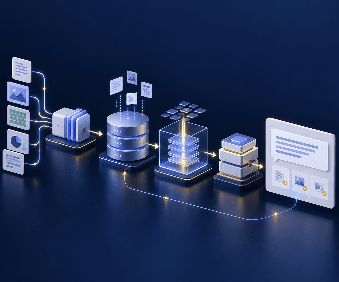 Illustrated AI product pipeline connecting source documents, application data, retrieval, and grounded responses