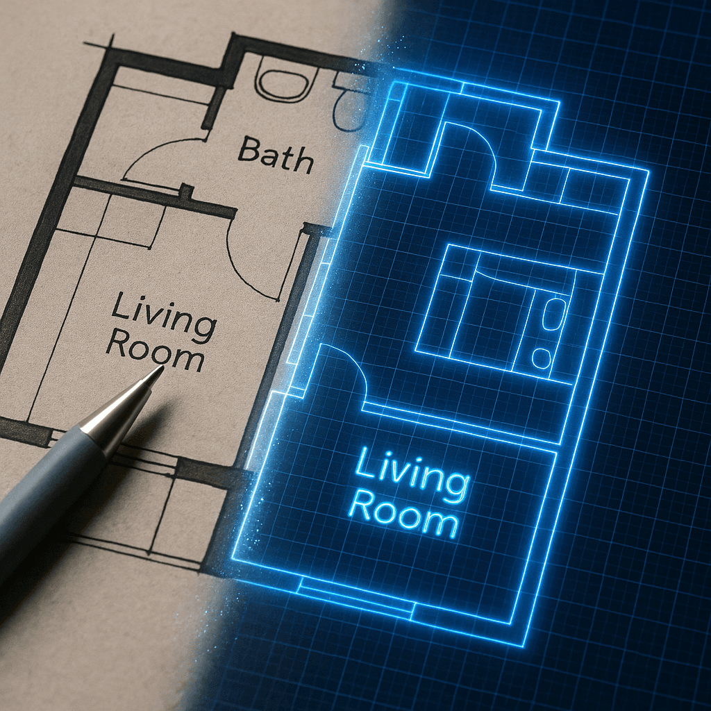 Architectural sketch transforming into digital blueprint