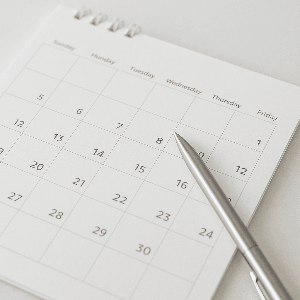 Clean, minimalist calendar and pen