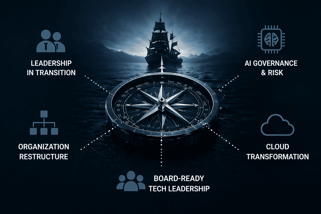 Interim engineering leadership across the key inflection points: leadership in transition, organization restructure, board-ready tech leadership, cloud transformation, and AI governance and risk