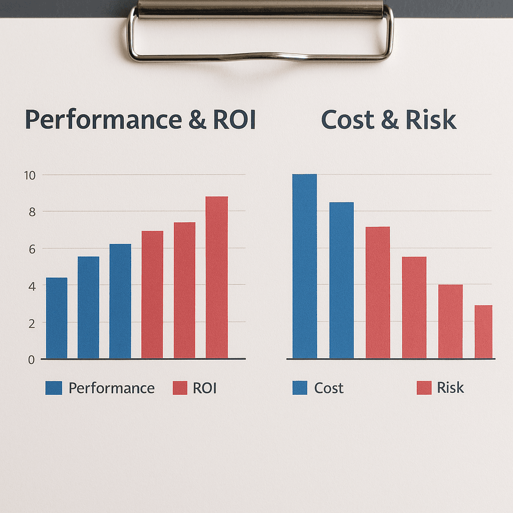Performance & ROI vs Cost & Risk charts