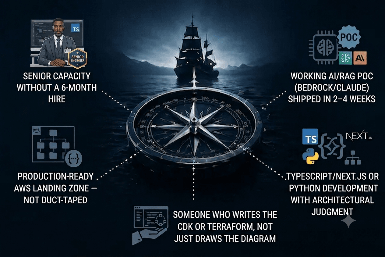 Senior engineering capacity without a 6-month hire — AWS landing zones, AI/RAG POCs, TypeScript/Next.js and Python development, CDK and Terraform
