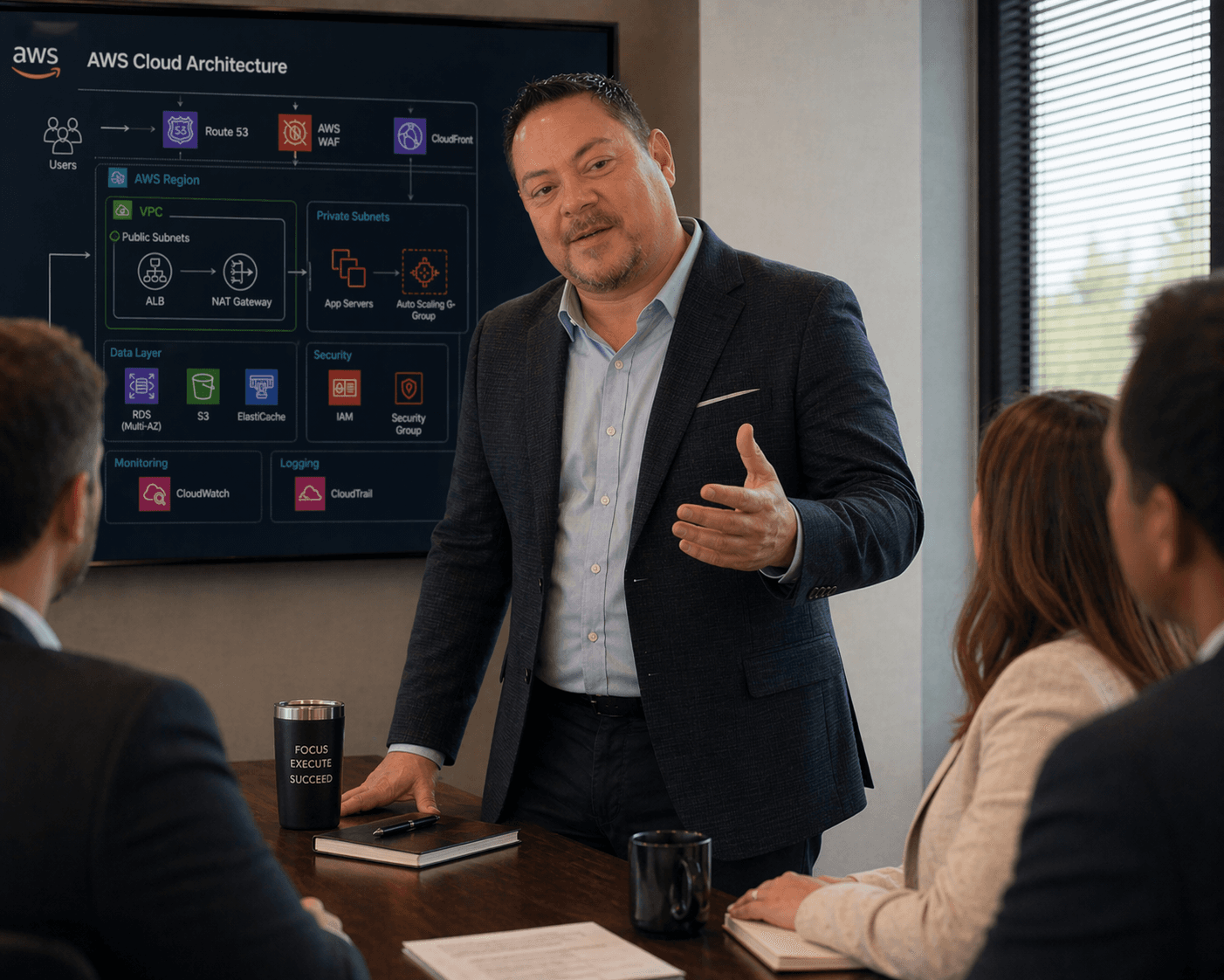 Ken Ramirez leading an AWS cloud architecture discussion in a boardroom